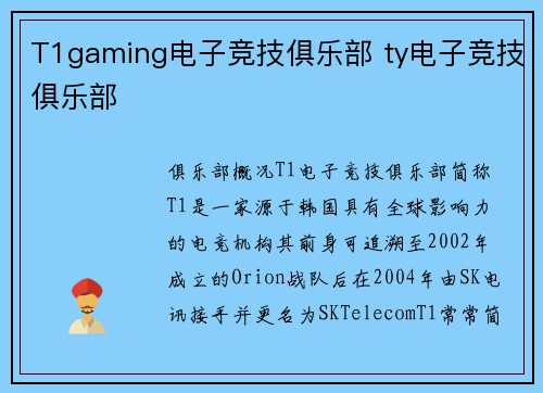 T1gaming电子竞技俱乐部 ty电子竞技俱乐部